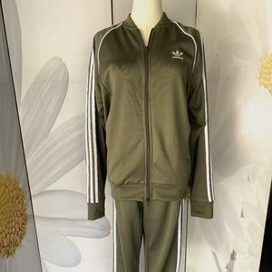 Adidas olive w/ white stripes track suit
